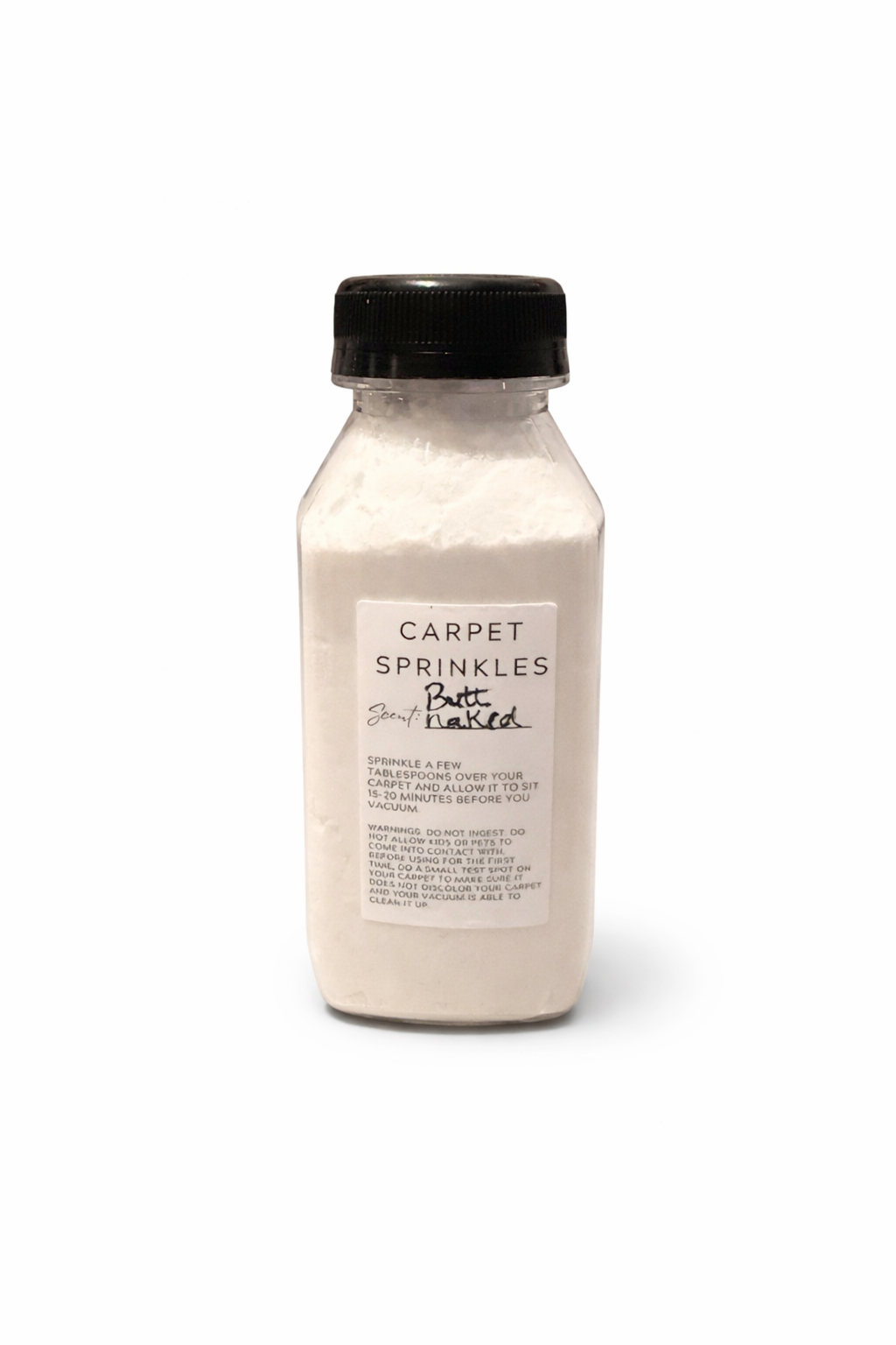 Bottle of carpet sprinkles with a black lid on a white background