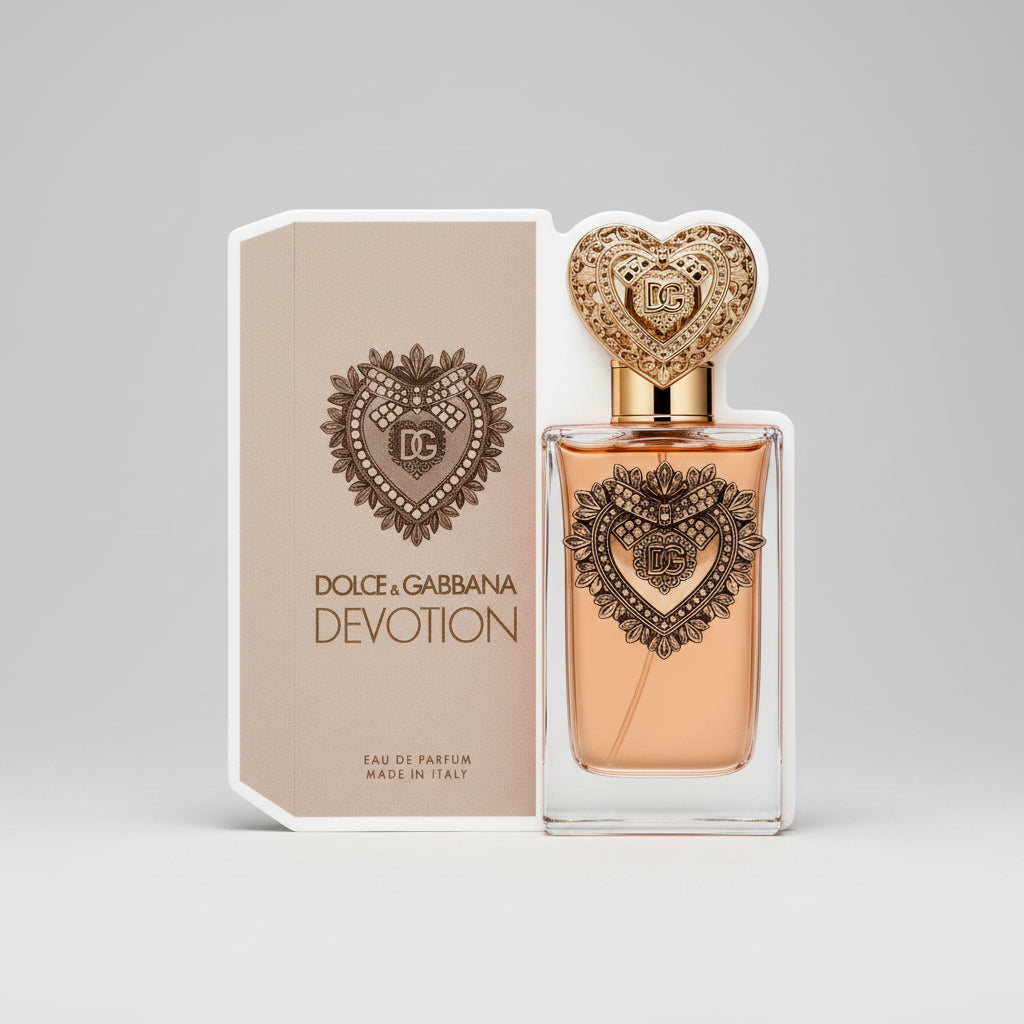 Dolce & Gabbana Devotion perfume packaging on a cardboard surface