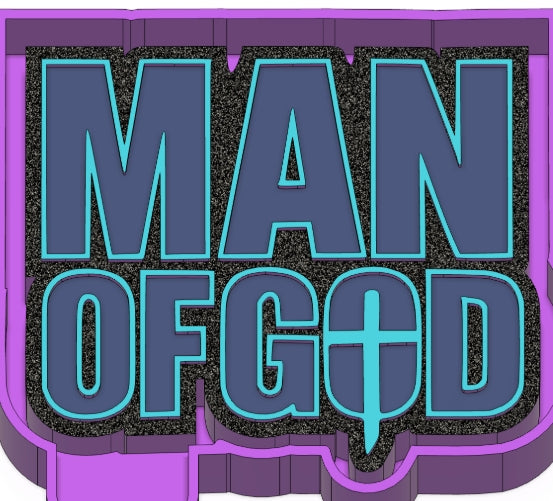 Text 'MAN OF GOD' with a purple border on a black background