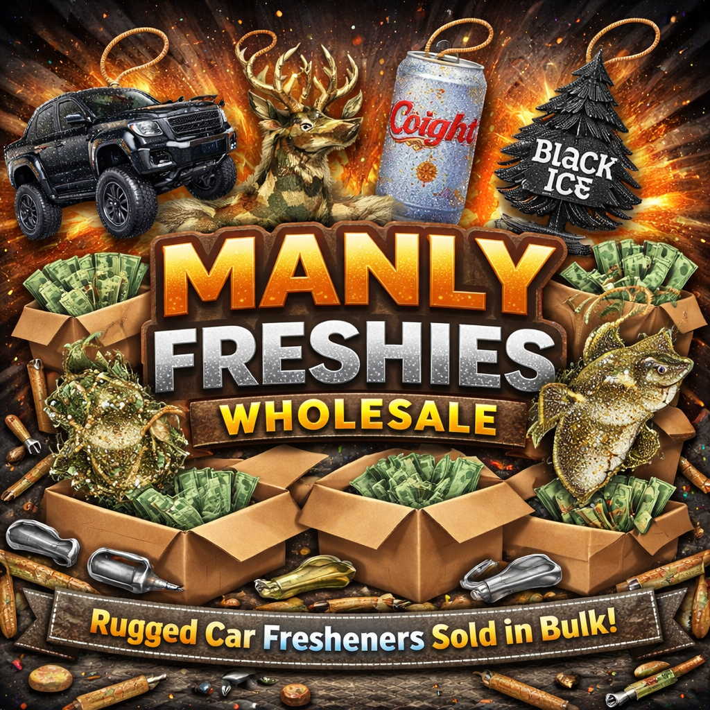 Promotional graphic for Manly Freshies Wholesale with a truck, deer, and beer can on a dark background.