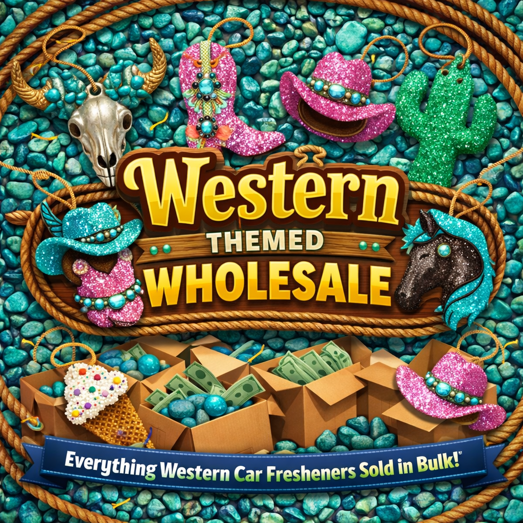 Western-themed promotional graphic with car fresheners and decorative items on a textured background.